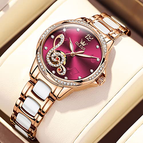 Image of OLEVS Women's Wrist Watches Automatic Red Face Self Winding Watches for Women reloj para Mujer Rose Gold Mechanical Dress Diamond Ladies Waterproof Without Battery Music Note