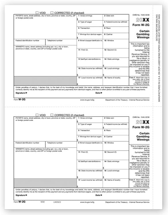 5Forms TF5232 Laser W-2G Winner Copy 1/C 8 1/2 x 11" QTY 100