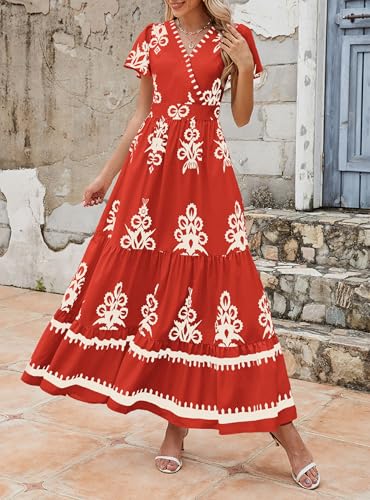 Image of PRETTYGARDEN Womens 2026 Summer Casual V Neck Boho Maxi Dress Flowy Aline Bell Sleeve Tiered Floral Dresses with Pocket