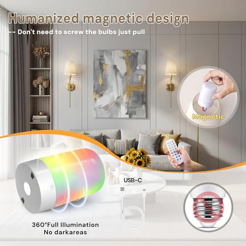 Image of DORESshop Upgraded 4 Rechargeable Bulbs Battery Operated Wall Sconce Set of 2, 15 Color Wireless Wall Sconces Set of 2, Sconce Wall Decor Set of 2 for Bedroom, Living Room, Brushed Gold 24.6in