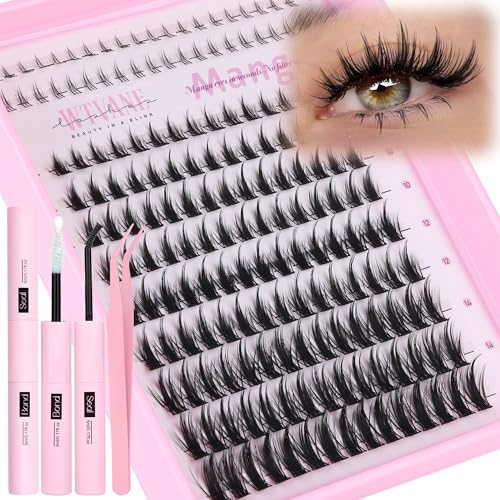Anime Lash Clusters Kit Wispy Eyelash Clusters DIY Lash Extension Kit with 5-6mm Bottom Lashes 8-16mm Thin Band Individual lashes 175Pcs Manga Eyelash Extension Kit with Lash Glue, Tweezers by WTVANE