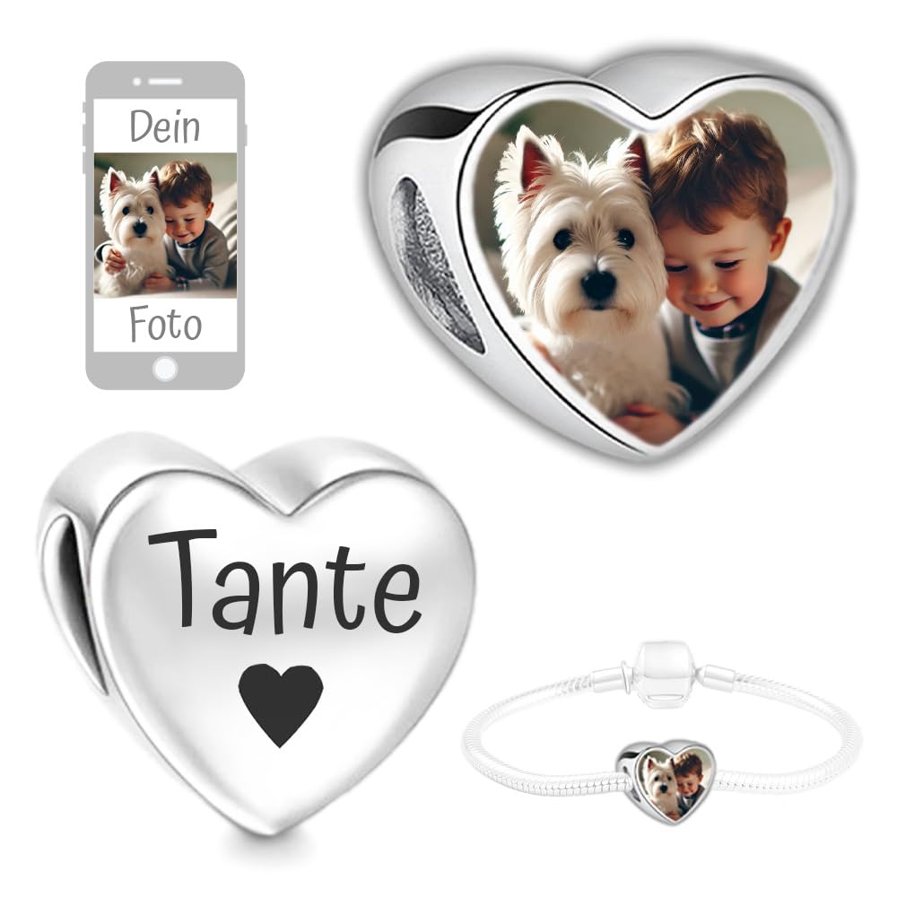 2Burned Personalisierter 1x Schmuck mit Bild, Foto-Charm kompatibel mit europäischem Schlangenarmband, Liebe Herz, Fügen Sie Ihr Bild hinzu, gravierter Text, Familie, Edelstahl (Tante)