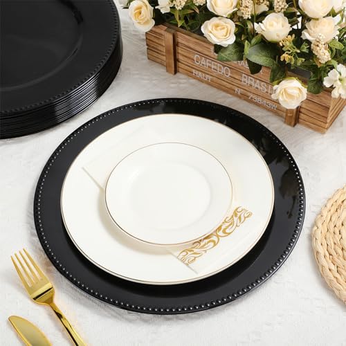 Jinei-100Pcs-Painted-Charger-Plates-with-Beads-13-Light-Luxury-Round-Vintage-Charger-Plates-Table-Decoration-Charger-Plates-Reusable-Dinner-Charger-Plates-for-Dining-Table-Wedding-Black