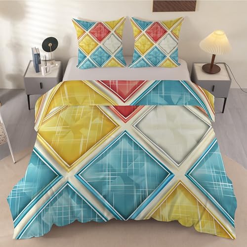Funda Nórdica Cama 180 Patchwork, Funda Edredon 240x260cm Microfibra Suave, Ropa de Cama Acuarela Geometría - Funda Nordica Geométrico y 2 Funda de Almohada 50x75 con Cremallera, Y-949