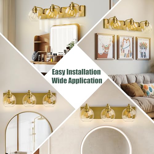 Image of 3 Light Bathroom Light Fixtures-Brushed Gold Bathroom Vanity Lights, Modern Vanity Lights 3-Light Bathroom Lighting Fixtures Over Mirror with Clear Glass Globe Shade