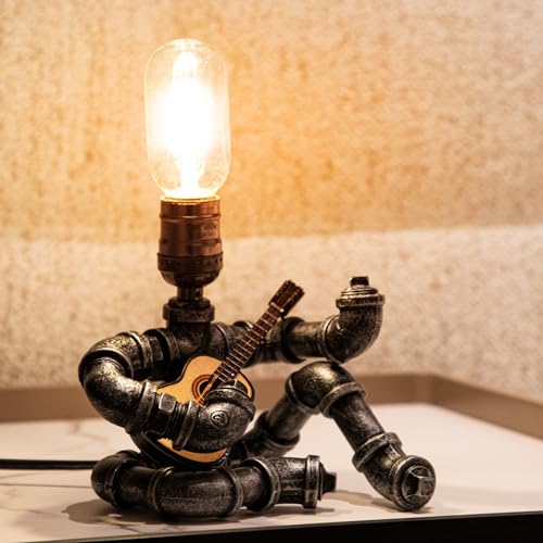 Image of Music Guitar Table Lamp,Steampunk Table Lamp,Retro Guitars Steampunk lamp, Industrial Metal Tube Robot Lamp Cool Guitar Stuff Present for Men Music Lovers