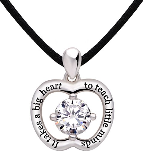 ALOV Jewelry Sterling Silver  It takes a big heart to teach little minds  Cubic Zirconia Apple Pendant Necklace for Teacher