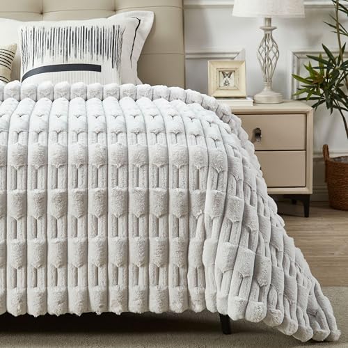 Image of JONIYEAR Extra Large Soft Fluffy Striped Faux Fur Blanket Queen Size 80" x 90", Decorative 3D Geometric Big Warm Fuzzy Fur Blankets for Winter, Reversible Thick Shaggy Cozy Furry Blanket for Bed, Grey