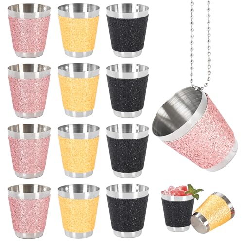Celepoir 12 Piezas Vasos de Chupito, 30ml Vasos de Chupito con Cadena, Oro Rosa Negro Vaso para Beber de Acero Inoxidable, Vaso de Beber para Colgar, para Carnaval, Bodas, Despedidas de Soltero