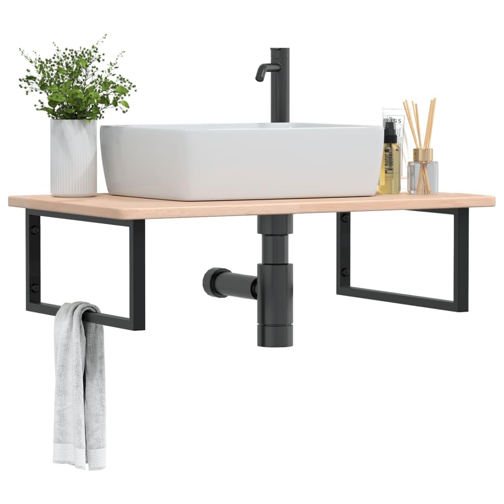 Piano lavabo in legno di rovere massiccio con supporto in acciaio, 100 x 60 x 2,5 cm, portata fino a 100 kg, salvaspazio per lavabo con mobiletto inferiore, moderno scaffale da bagno per
