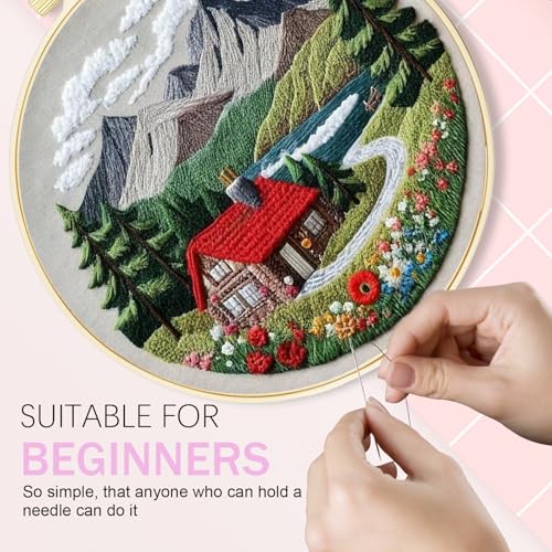 Image of Huacan 1pc House Embroidery Kits for Beginners Mountains River Landscape Small Cross Stitch Kits Ideal for Crafting Art & Gifts