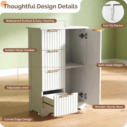 Image of VINGLI Fluted Sideboard Buffet Cabinet, Modern White Wood Storage Console with Doors and Drawers, Multi-Function Storage Cabinet for Living Room, Dining Room, Kitchen, White
