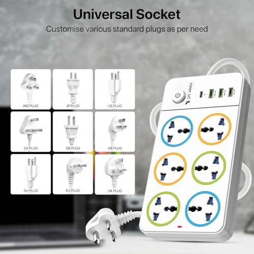 Image of DR VAKU 10in1 2000W Extension Board with 6 Universal Sockets 3 USB A Ports (18W), 20W Fast PD Type C Charge 2 Meter Heavy Duty Cord Smart Chip Power Strip for Home Office Travel, 220 Volts- White