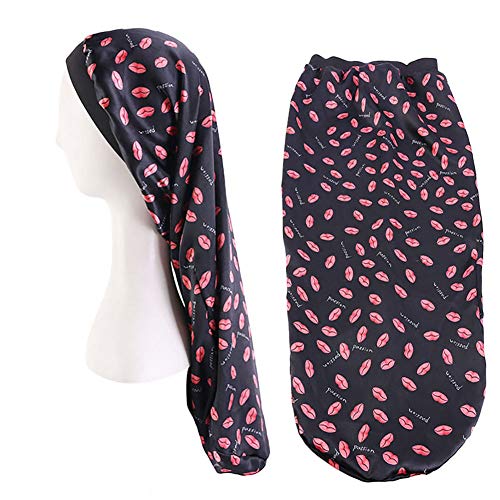 MagiDeal Extra Long Satin Bonnet Sleep Cap Long Bonnet for Braids Hair Loose Cap (Black Lips)