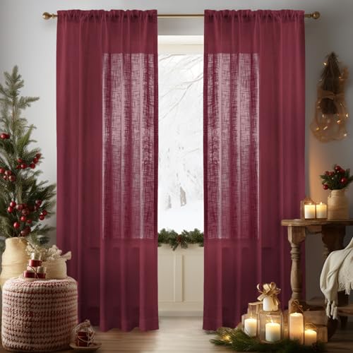 Melodieux Cortinas semitransparentes con Textura de Lino Burdeos de 236 cm de Largo para Sala de Estar, Dormitorio, Lino Natural, Dobladillo para Barra, Cortinas de Gasa, 132 x 236 cm (2 Paneles)