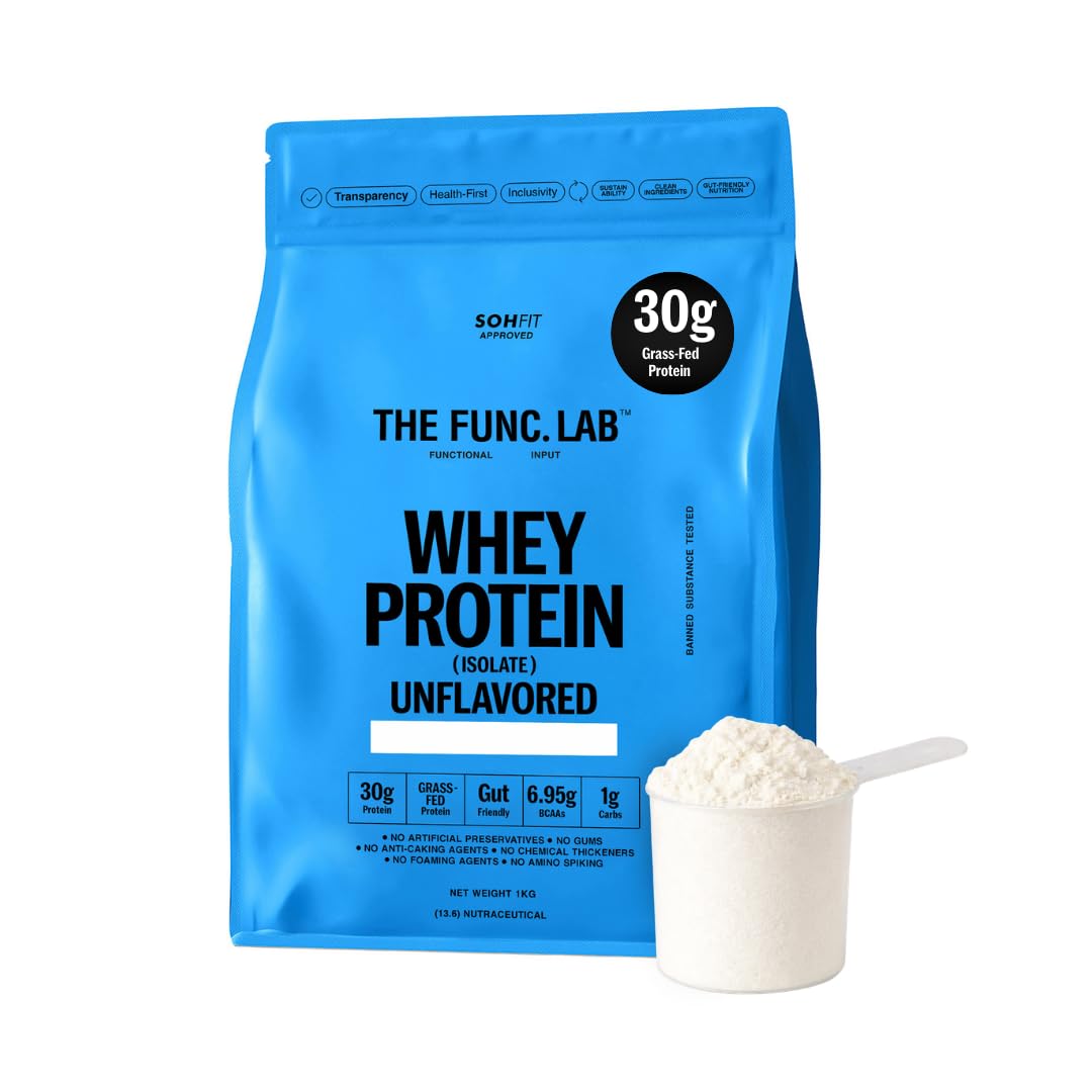 The Func. Lab Whey Protein Isolate - Unflavored | 1 kg | Grass‑Fed, 30g Protein, 6.95g BCAA per Scoop | High Protein Supplement for Muscle Growth, Digestion and Absorption Support