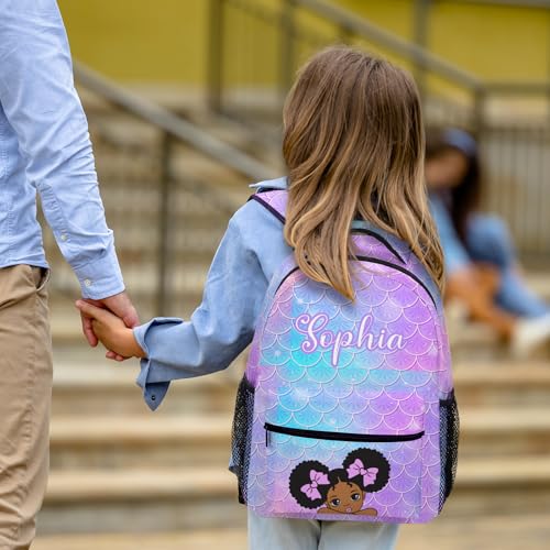 Custom Backpack School Bag for Girls Kids, Personalized Backpacks Bookbag with Lunch Box Water Bottle Pencil Case 4 Sets, Mermaid Black Girl Casual Daypacks Shoulder Bags for Elementary Preschool2
