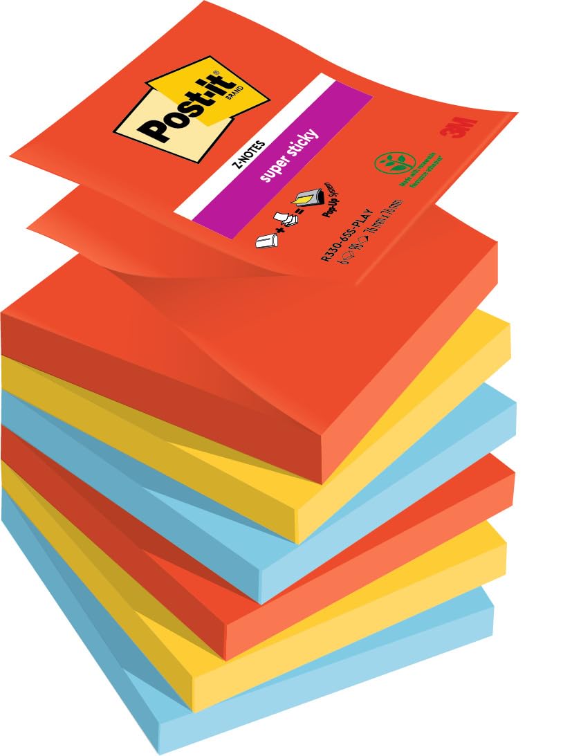 Post it Super Sticky Z Notes Playful Colours 76x76mm 90 Sheets Pack 6