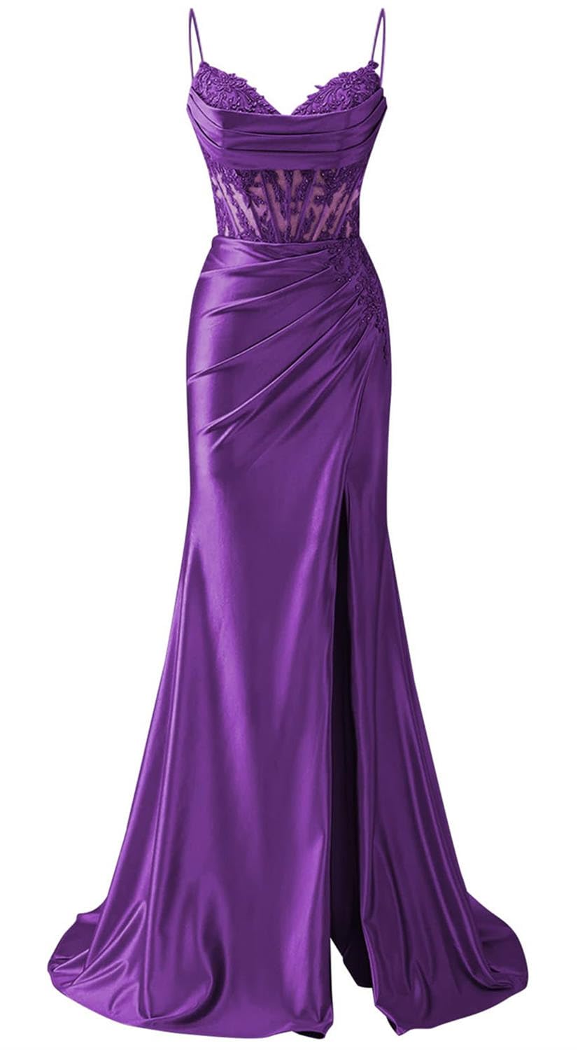 KIYNE Purple Satin Prom Dresses for Teens with Lace Applique Mermaid Formal Dress with Slit Spaghetti Strap Graduation Ball Gown UK6