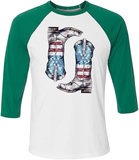 TeesAndTankYou USA Flag Cowboy Boots Three-Quarter Raglan Sleeve Baseball Shirt Unisex X-Large White/Kelly