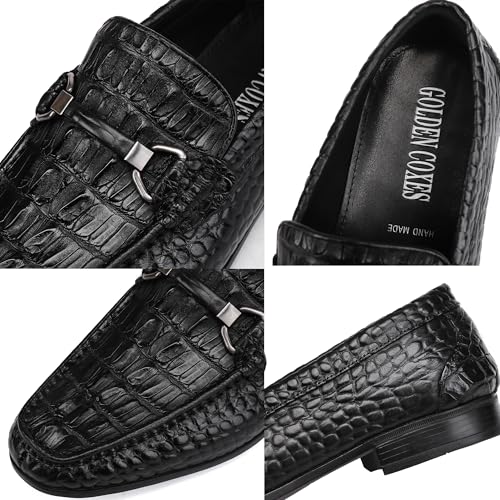 Golden COXES Formal Mens Leather Dress Shoes, Classic Alligator Ostrich Pattern Slip On Buckle Loafers Business Shoes Party Wedding Leather Loafers for Mens, Black2