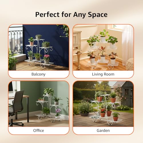 Image of Amazon Basics Metal Planter Stand for Living Room, Indoor Outdoor Plant Stand for Balcony and Home Decor, Holds 6 Planters, White