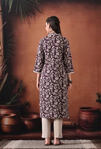 Image of Ichaa Women's Pure Cotton A-Line Ethnic V-Neck Kurta with 3 /4th Sleeve for Daily and Office Wear, in Plus Sizes