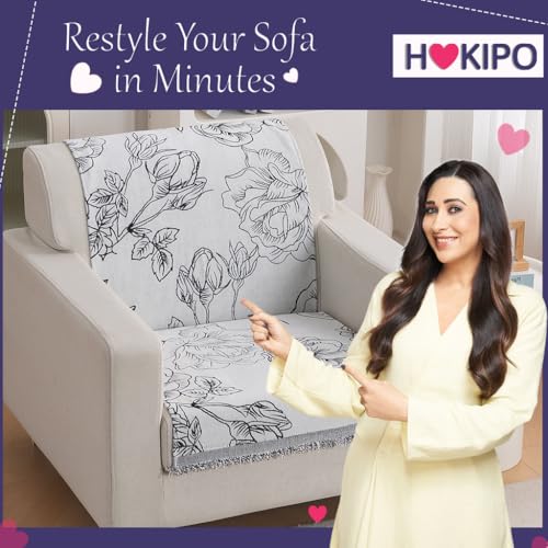 Image of HOKIPO Serene Abode Sofa Cover 1 Seater, 180x60 cm, White Rose Garden