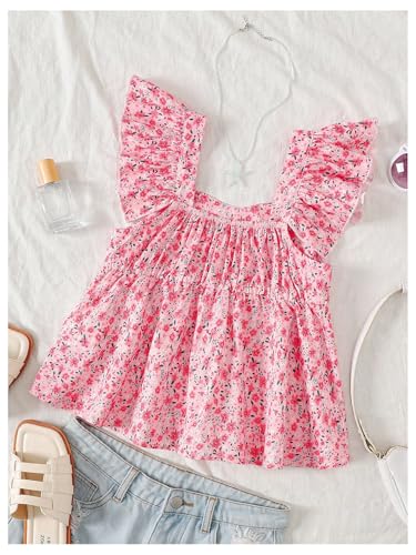 Girl's Floral Ruffle Blouses Shirts Cap Sleeve V Neck Babydoll Peplum Tops Cute Summer Clothes2