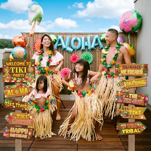 Image of Hooqict 20 Pieces Hawaiian Luau Party Decorations Welcome to Tiki Party Directional Sign for Outdoor Summer Tropical Hawaiian Luau Tiki Birthday Party Decorations Supplies