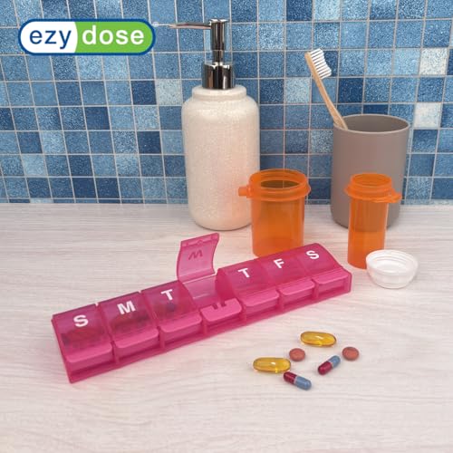 Image of Ezy Dose Weekly (7-Day) Pill Organizer, X-Large Medicine Planner, Pink | Daily Vitamin & Supplement Case, Spacious Push-Button Compartments, Convenient & Easy to Use, Travel-Friendly, BPA-Free