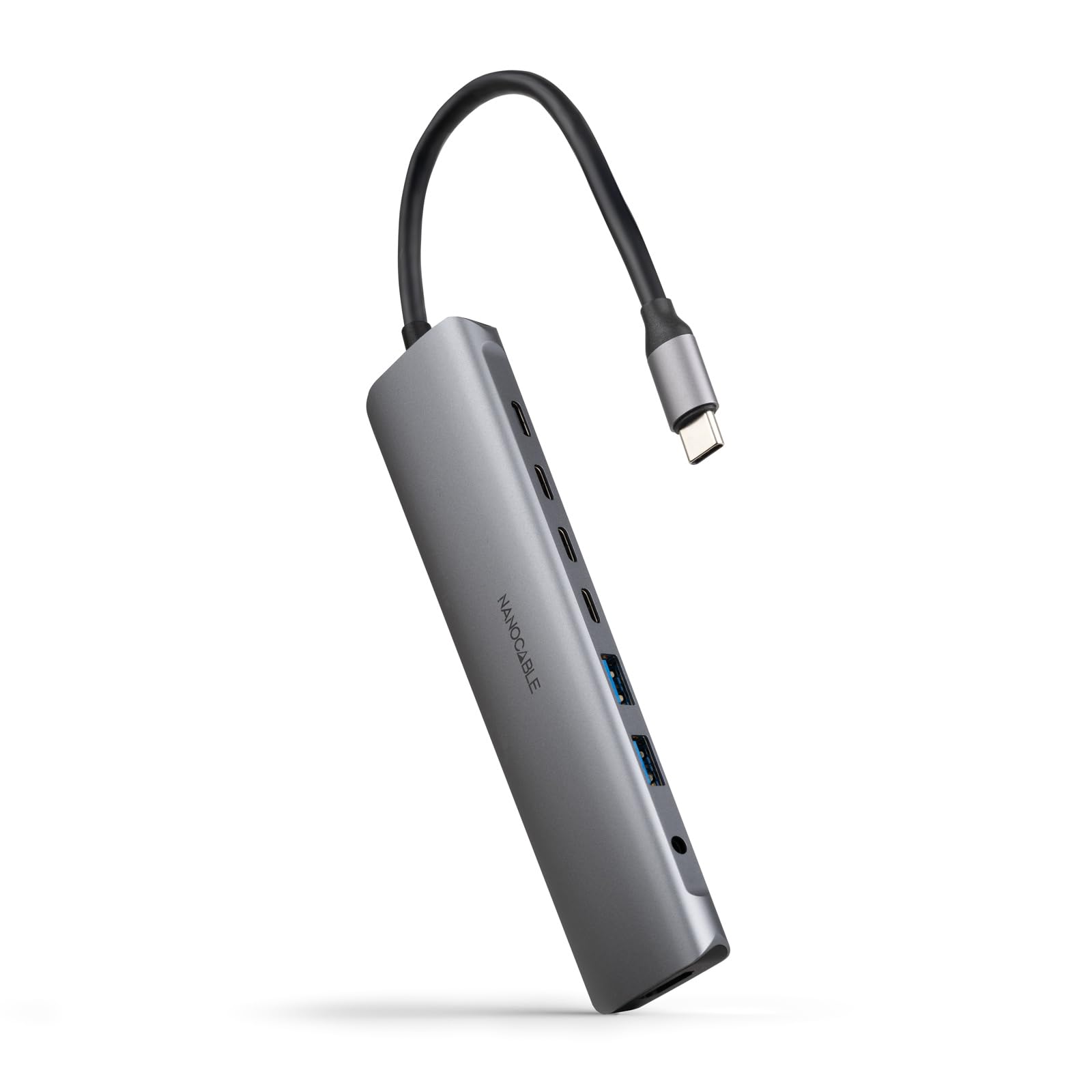 NANOCABLE 10.16.4608 koncentrator USB-C 8 w 1, konwerter USB-C 3.1 na 2 x USB-A 3.0 + 3 x USB-C 3.0 + USB-C PD + HDMI 4K@60Hz + Audio Jack 3.5, aluminium, szary, 18 cm