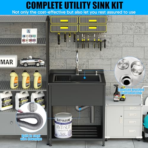 Image of Stainless Steel Utility Sink, 30.8 inch x 22 inch x 39.5 inchFreestanding Sink with Cold and Hot Water Faucet,Hoses and Drain Kit for Kitchens, Bathrooms, Garage, Laundry Room