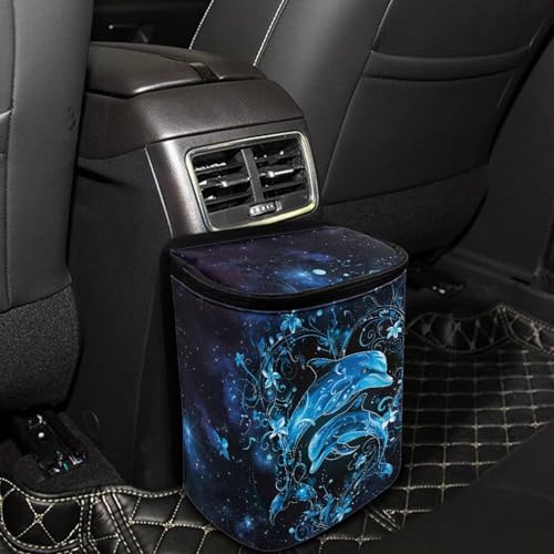 Image of Talayituse Galaxy Dolphin Floral Print Car Trash Can Portable Auto Garbage Bin Multifunctional Vehicle Interior Accessories with Adjustable Straps Universal Fit Truck SUV Sedan