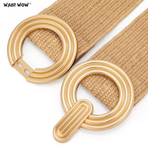 Straw Woven Elastic Belt for Women Fashion Wide Belts Stretchy Boho Belt Ladies Beach Dress Belt with Gold Buckle2