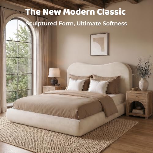 Image of RECCI AirFrame Queen Upholstered Bed Frame with Camelback Curved Headboard | Camelback Curved Headboard, 360 Soft Foam Surround, Low Profile Cloud Bed Frame, No Box Spring Required, Easy Assembly