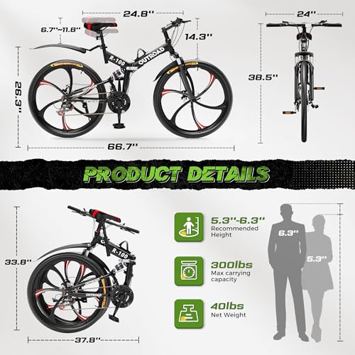Outroad 26 Inch Folding Mountain Bike, 21 Speed Full