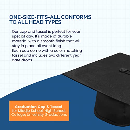CLERKMANS Black Graduation Cap with Black Tassel Includes 2024 Date Drop - 6” Hang Loop - One Size Fits All