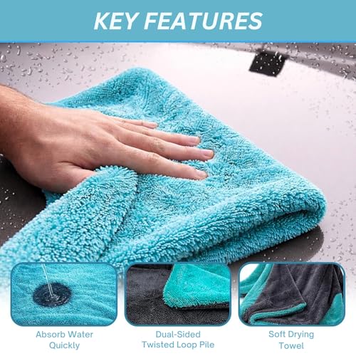 Image of Solitude 1200 GSM Microfiber Car Cleaning Towel 40x40 cm (Aqua Blue+Grey) | Twisted Loop Super Absorbent Edgeless Design with Plush Pile and Lint Free Cloth for Drying and Detailing