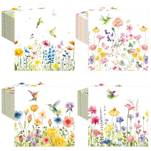 Fulmoon 200 Pieces Fall Flower Cocktail Napkins Disposable Floral Paper Dinner Napkins Sunflower Bee Beverage Napkins for Autumn Christmas Spring Tea Party Table Decor(Hummingbird)