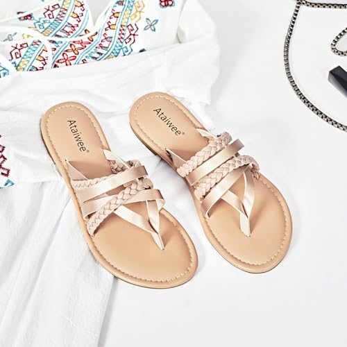 Image of Ataiwee Women's Flat Slide Sandals - Comfortable Open Toe Design,Casual Slip-On with Ankle Strap,Hook-and-Loop Closure Summer Sandals.