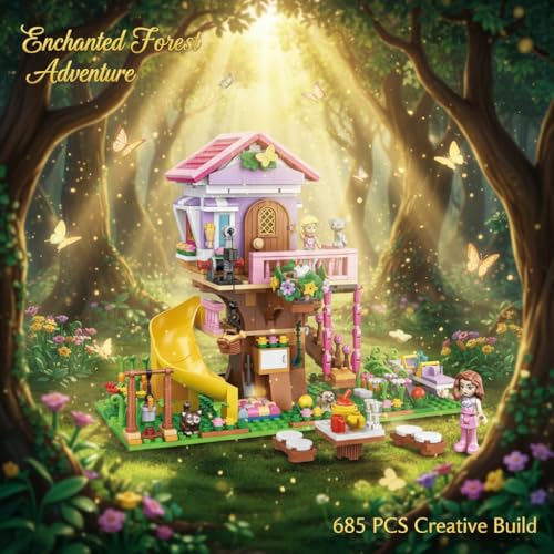 Image of SKY LINE OCEAN Enchanted Forest Villa Building Blocks Set (685+ PCS) | LED Lights | Dreamy Tree House & Princess Castle Model with Slide | Creative STEM Toy for Kids | 5 Year Structural Warranty