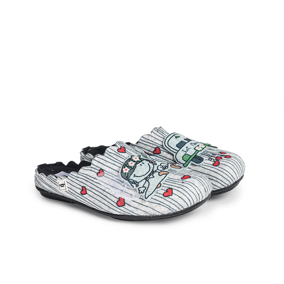 MARPEN SLIPPERS, Zapatillas de Casa de Invierno Abiertas de Fieltro con Bordado para Mujer, Just Married Gris y Verde, Talla 37