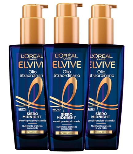 L'Oréal Paris Elvite, außergewöhnliches Öl, Serum Midnight Tiefenpflege, 96 Stunden, Kamelienöl für trockenes Haar, Nachtbehandlung, 3 Flaschen à 100 ml