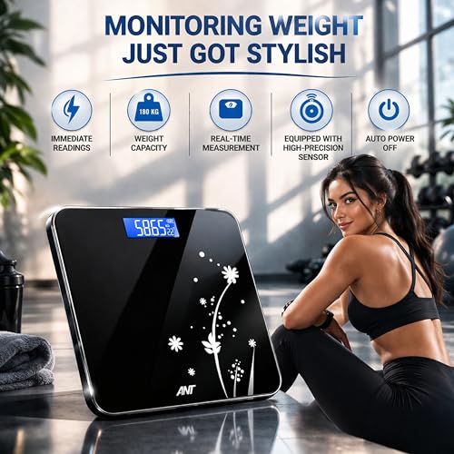Image of ANT Flora Bud Digital Body Weight Weighing Scale, 180kg Capacity, 50g Accuracy, 5mm Tempered Glass, High Precision Strain Sensor, LCD Display, Auto On /Off, 2 AAA Batteries Included, 40M Warranty