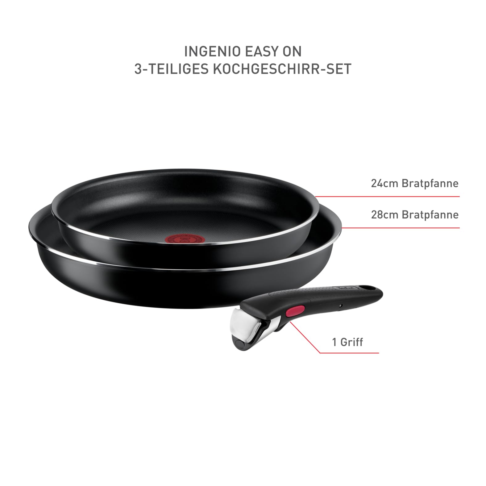 Tefal Ingenio Easy On 3-teiliges Pfannenset abnehmbarer Griff, 24/28 cm, stapelbar, platzsparend, Pfannen mit Antihaftversiegelung, einfache Handhabung und Reinigung, L15993