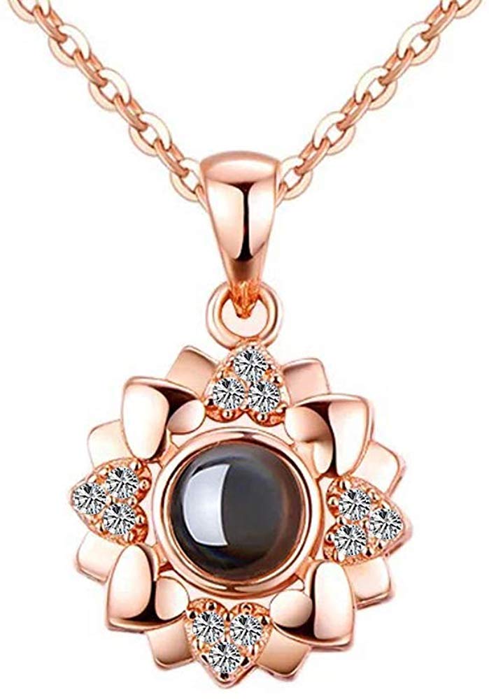 100 Language I Love You Necklace Projective Pendant for Women - Romantic Love Memory Birthday Valentine's Wedding Gift (Beautiful Love (Rose Gold))