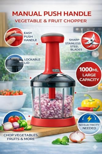 Image of YOUONE Push Chopper, 1000ml Capacity, Stainless Steel Blade, Transparent Container with Lock System, Green (Red)