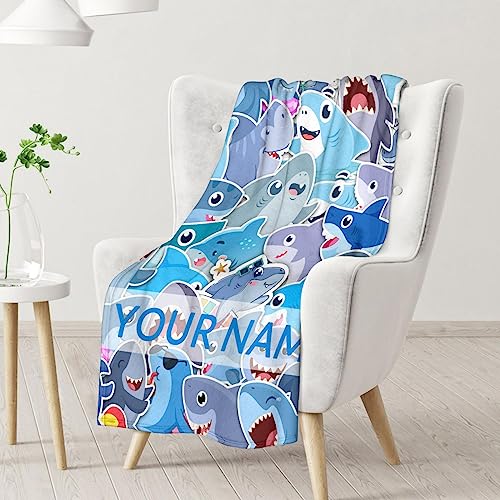 Personalized Shark Blanket Gifts with Name - 30"x40" Cute Throw Blanket for Kids & Adults - Blue Soft Fuzzy Blankets for Couch & Office