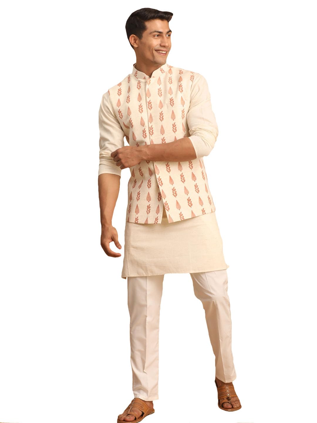 Vastramay Leaf Pattern Cotton Nehru Jacket with Kurta and Pyjama Set – Elegant Ethnic Wear for Men
